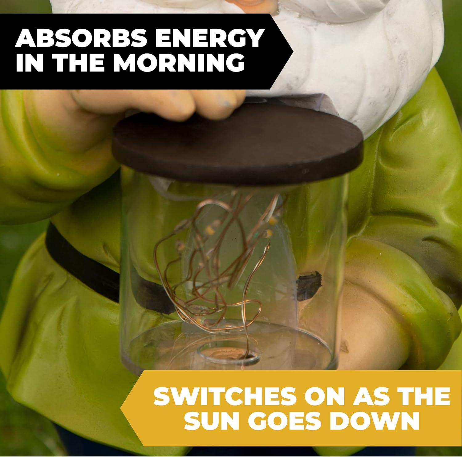 VP Home Firefly Jar Gnomes - Outdoor Garden Gnome with Solar Light - Durable Garden Decorations for Yard, Lawn, Patio - 10.5H x 7W x 5.5D - Weather-Resistant Gnome Statue