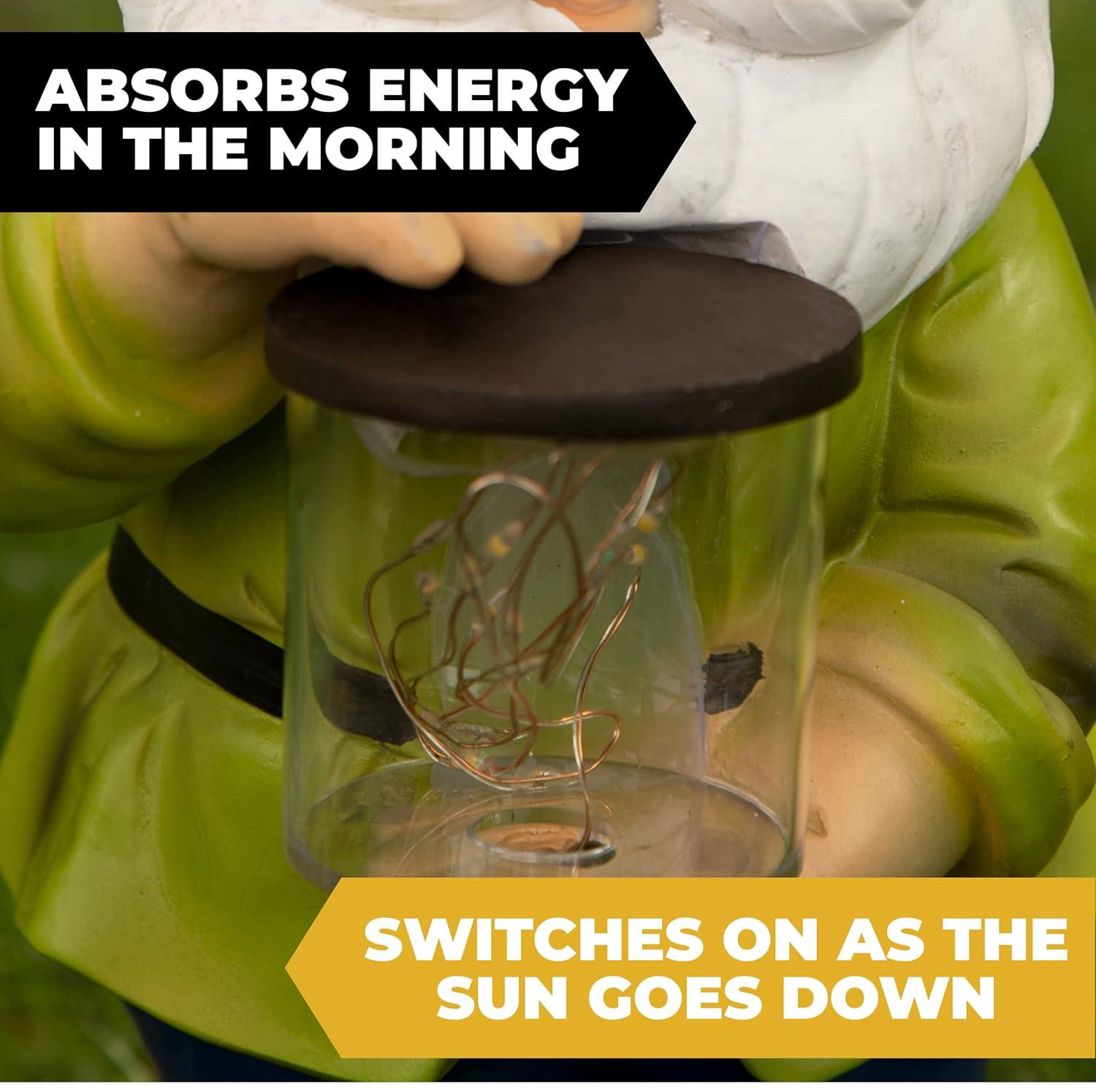 VP Home Firefly Jar Gnomes - Outdoor Garden Gnome with Solar Light - Durable Garden Decorations for Yard, Lawn, Patio - 10.5H x 7W x 5.5D - Weather-Resistant Gnome Statue