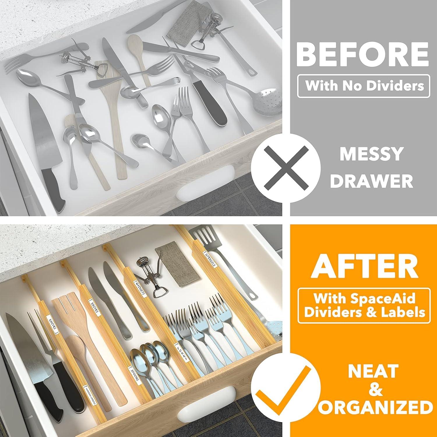 SpaceAid Adjustable Bamboo Drawer Dividers with Labels – Expandable Organizers for Kitchen, Office, Dresser, and Bathroom