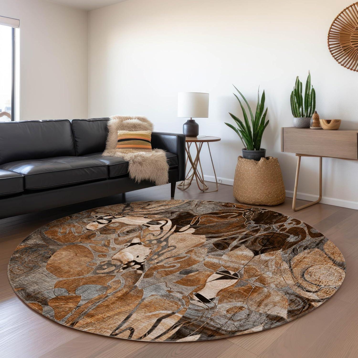 Paprika Floral Synthetic Round Washable Area Rug