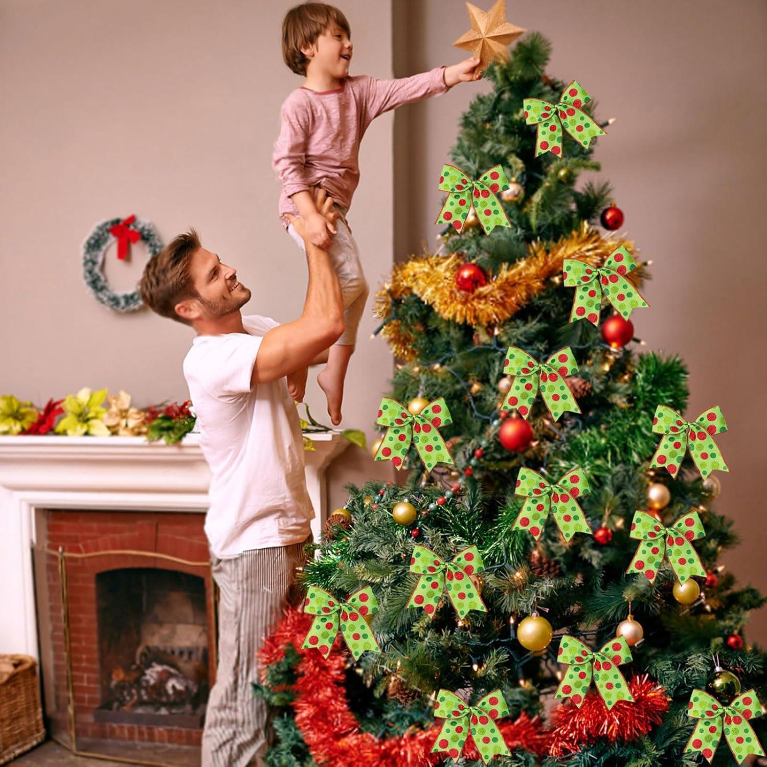 Sandistore Cute Cars 12pcs Christmas Tree Bows Ornaments 6 Inch Large Christmas Wreath Bows Red Green Xmas Tree Bows Christmas Glitter Dot Bows Ribbons Decoration For Garland Diamonds for Crafts