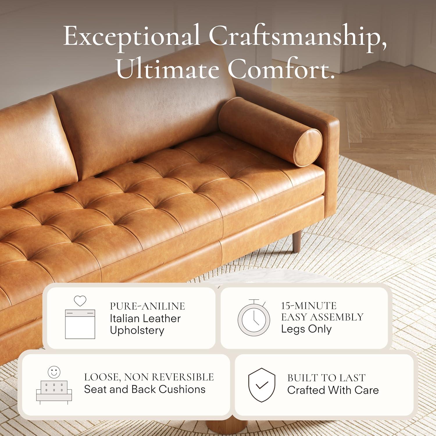 Cognac Tan Tufted Leather Lawson Sofa with Wood Legs