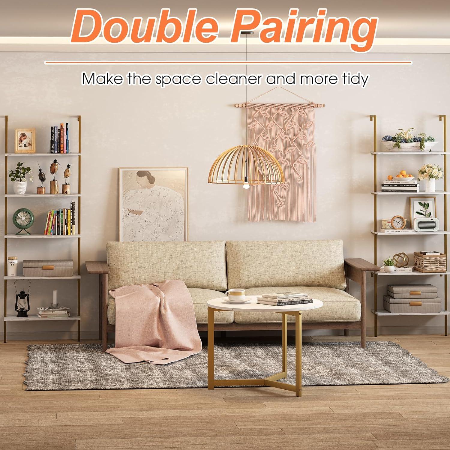 5 Tiers Ladder 2-Piece Shelf White Marble Modern Bookshelf Open Tall Wall Mount Bookcase Standing Leaning Wall Shelves Industrial Decorative