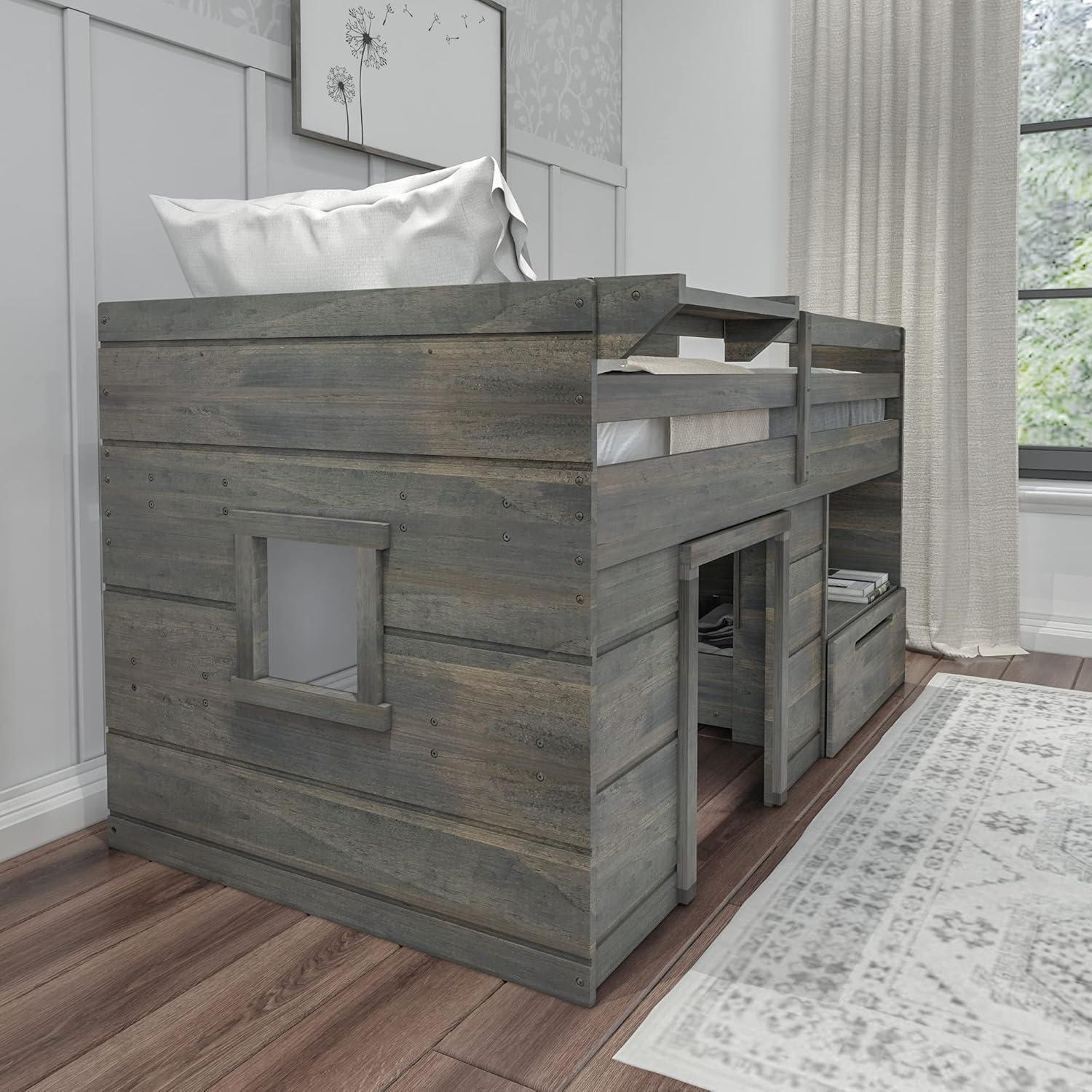 Max & Lily  Modern Farmhouse Low Loft Bed with Storage Drawer, Solid Wood Bed for Kids