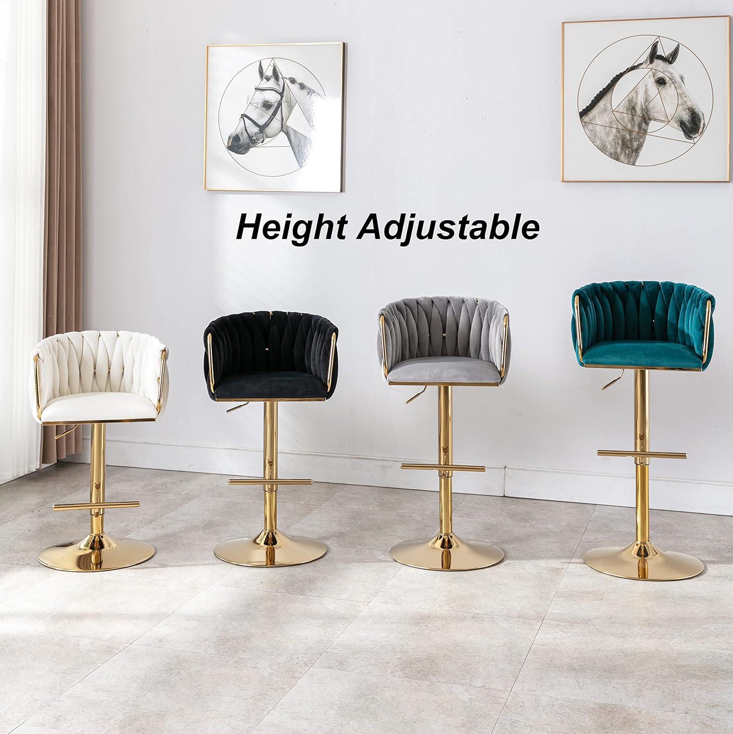 Everly Quinn Swivel Adjustable Height Bar Stool Modern Velvet Barstool with Barrel Back Kitchen Island Counter Bar Chair with Golden Base