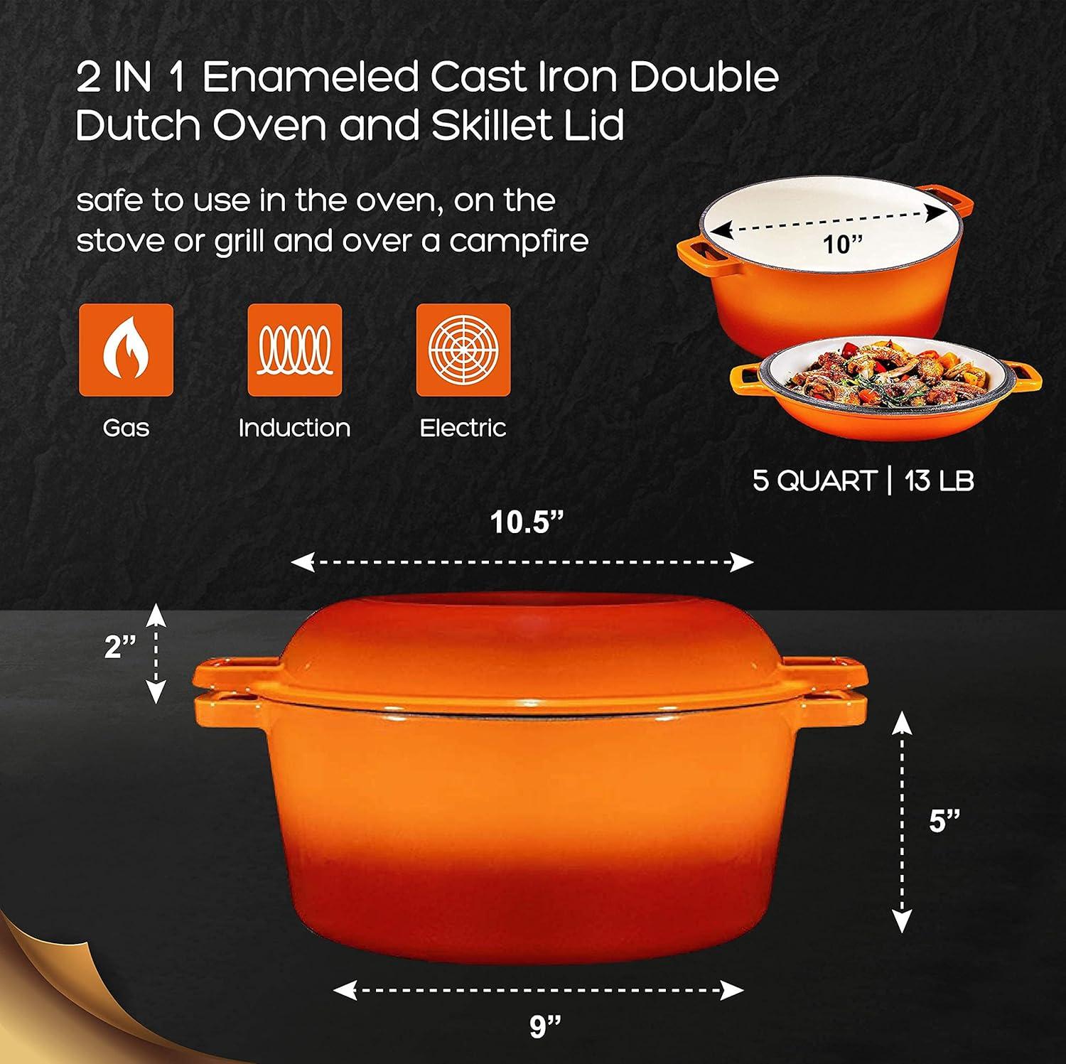 Bruntmor | 2 In 1 Enameled Cast Iron Double Dutch Oven Skillet Lid 5-Quart | 1