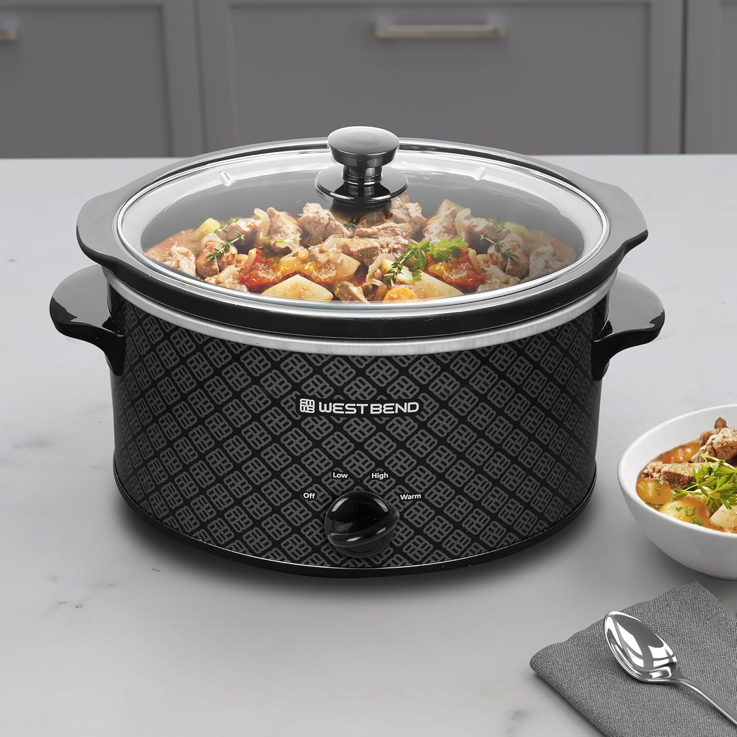 West Bend Slow Cooker 4-Quart Manual Crockery Style with Oval Ceramic Crockpot and Glass Lid, 210-Watts, Black