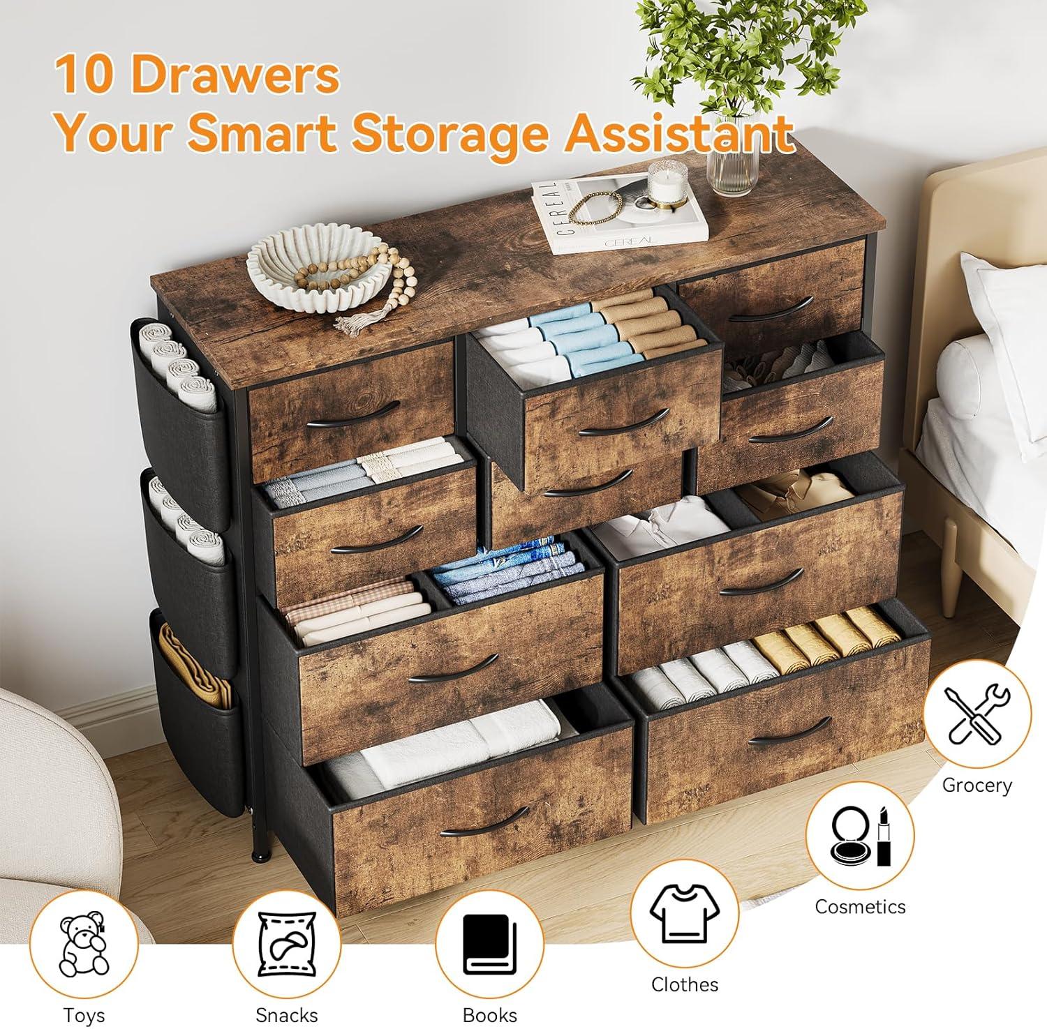 Yesurprise 10 Drawers Dresser for Bedroom, Long Fabric Storage Drawer Chest with Wood Tabletop for Kids Room Closet Hallway Entryway