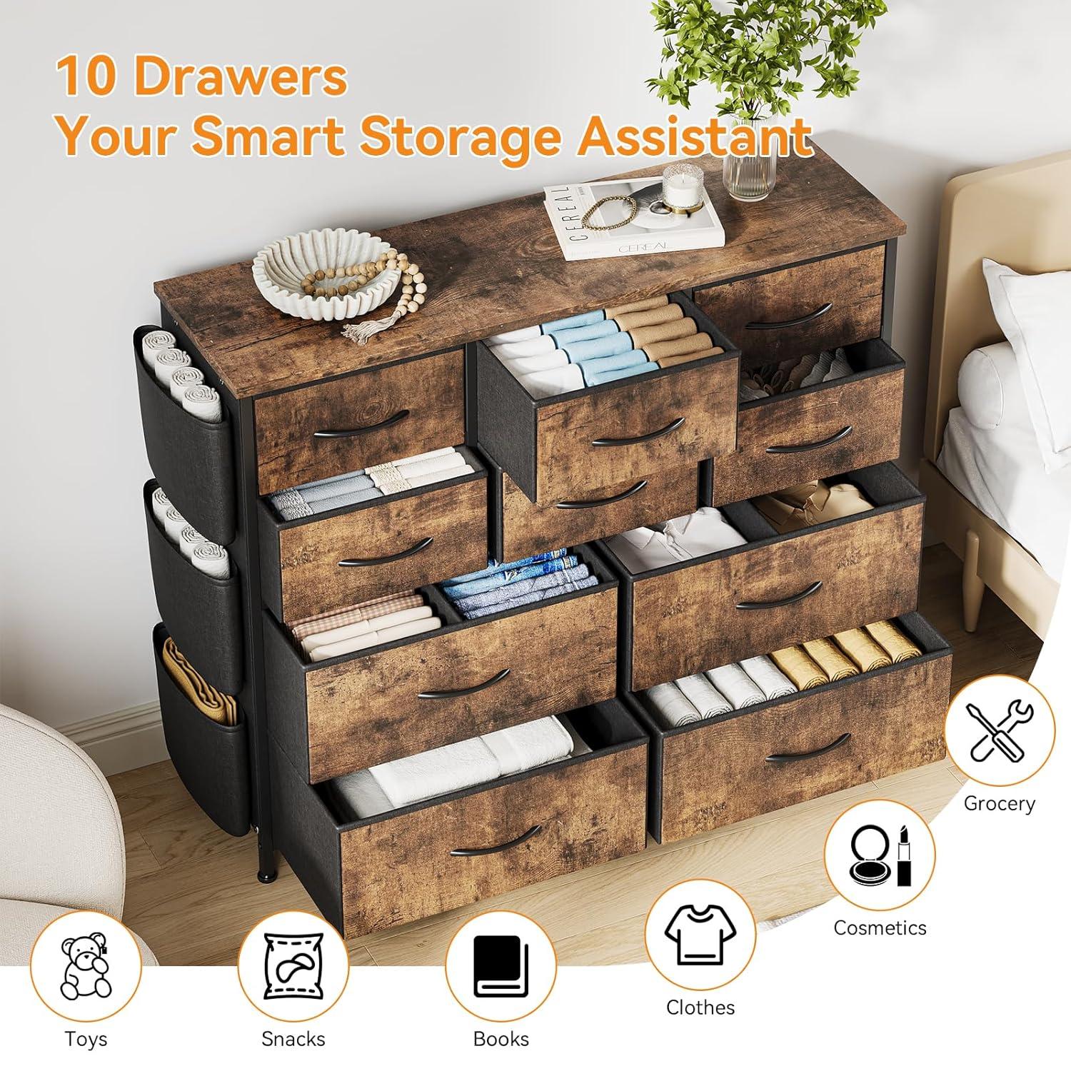 Garvee 10 Drawer Dresser Chest of Drawers for Bedroom Living Room, Fabric Storage Organizer With Wood Top, Side Pockets & Hooks for Entryway, Hallway, Closet, Nursery, Retro Brown