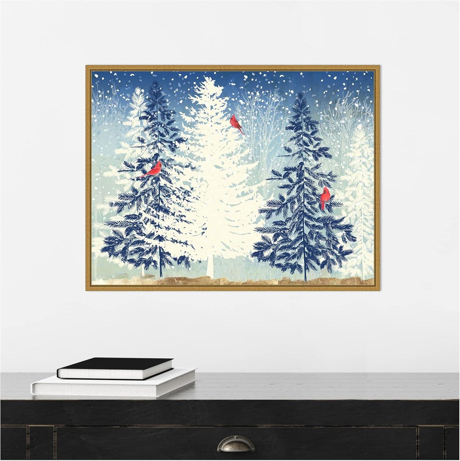 Snowy Christmas Trees Canvas Print with Gold Frame