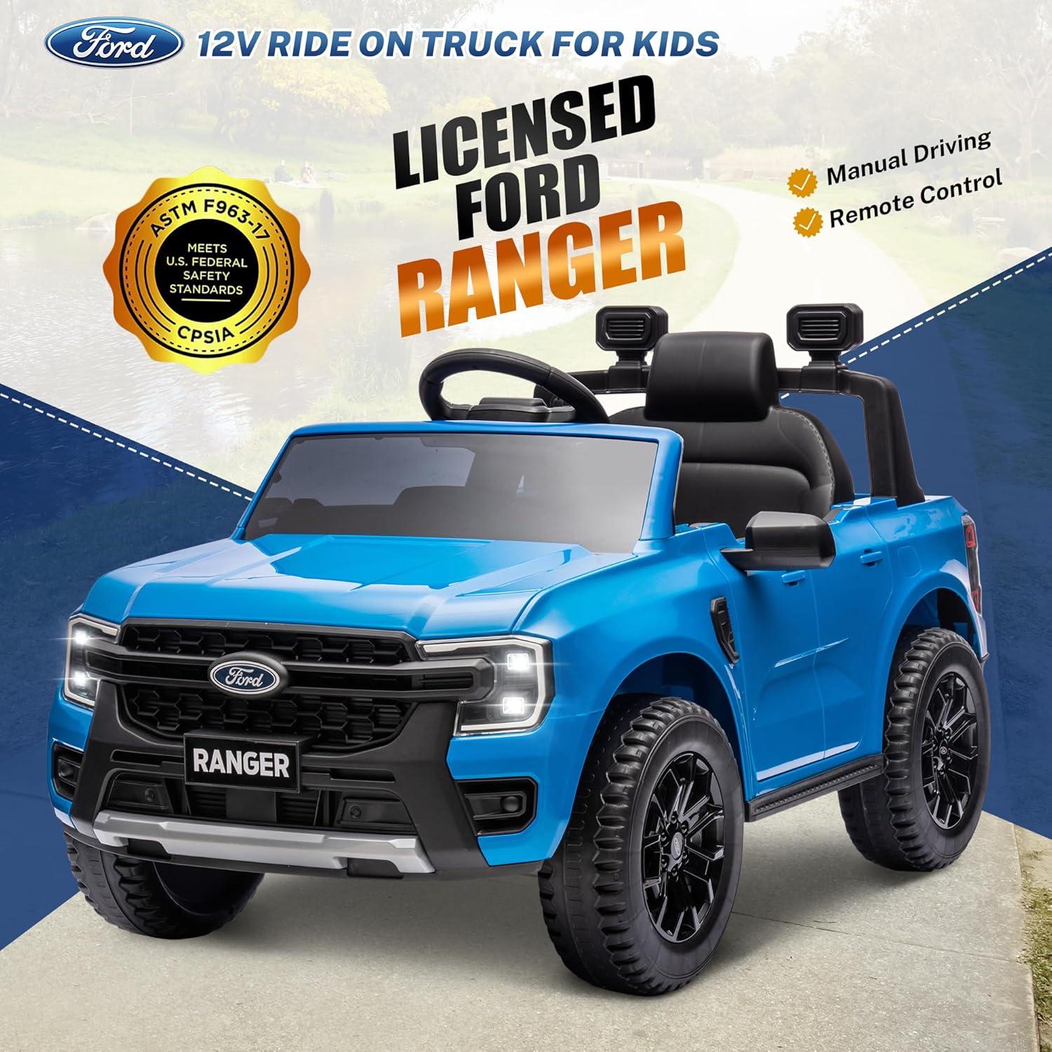 Blue 12V Ford Ranger Kids Ride-On Car with Remote Control