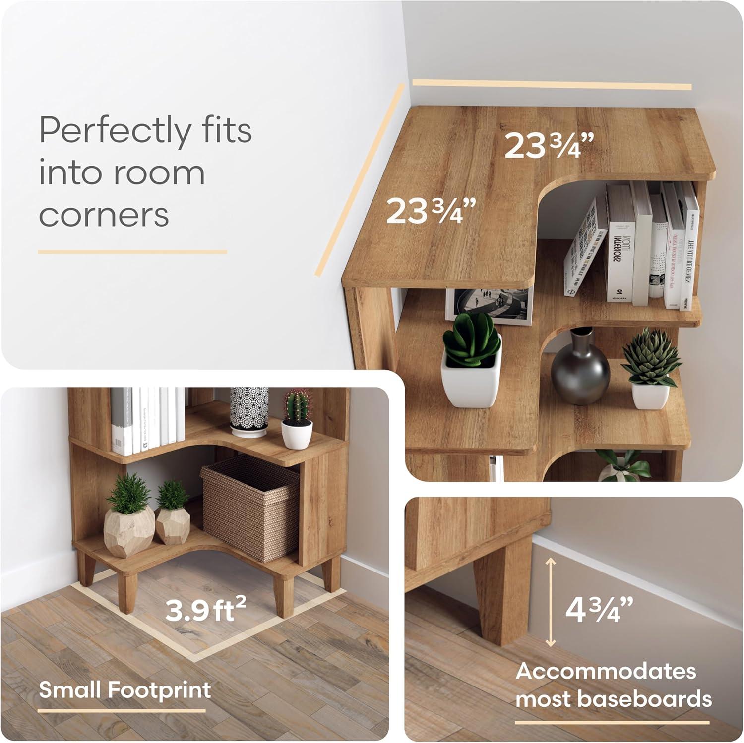 Natural Oak 6-Tier Corner Wood Bookcase with Open Back