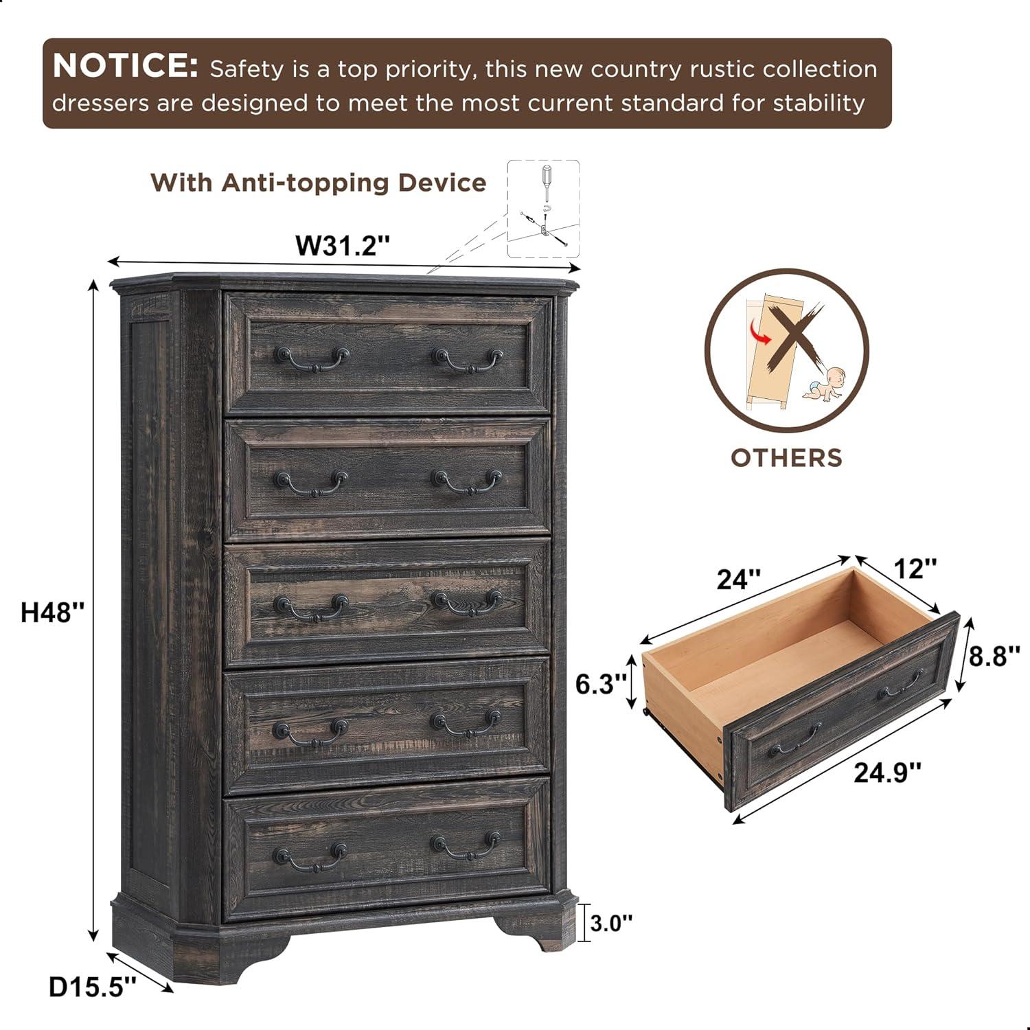 Dark Rustic Oak Farmhouse 5-Drawer Vertical Wood Dresser