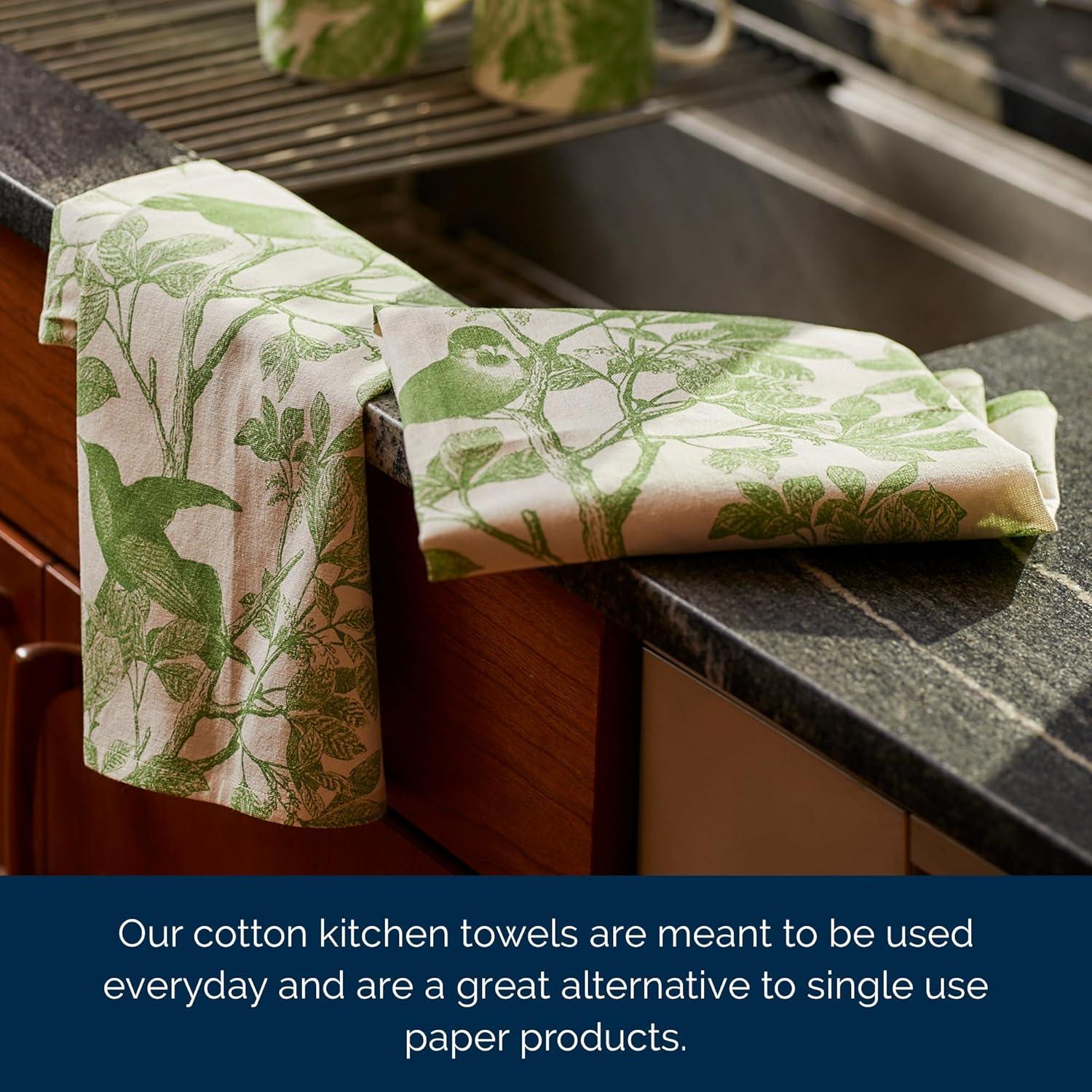 Arbor Birds Green and White Cotton Kitchen Towel Set