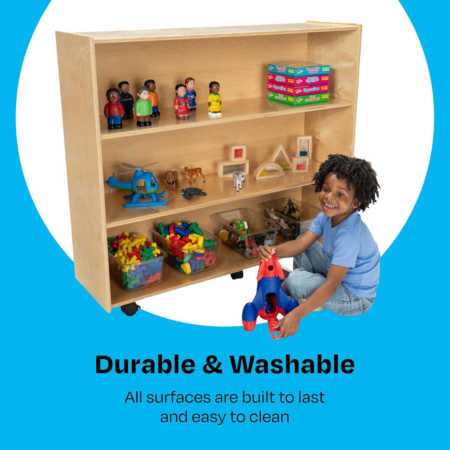 Childcraft Mobile Open Shelving Unit for Classrooms, 3-Shelf Wooden Book and Toy Organizer Bookcase, 47-3/4 x 14-1/4 x 42 Inches