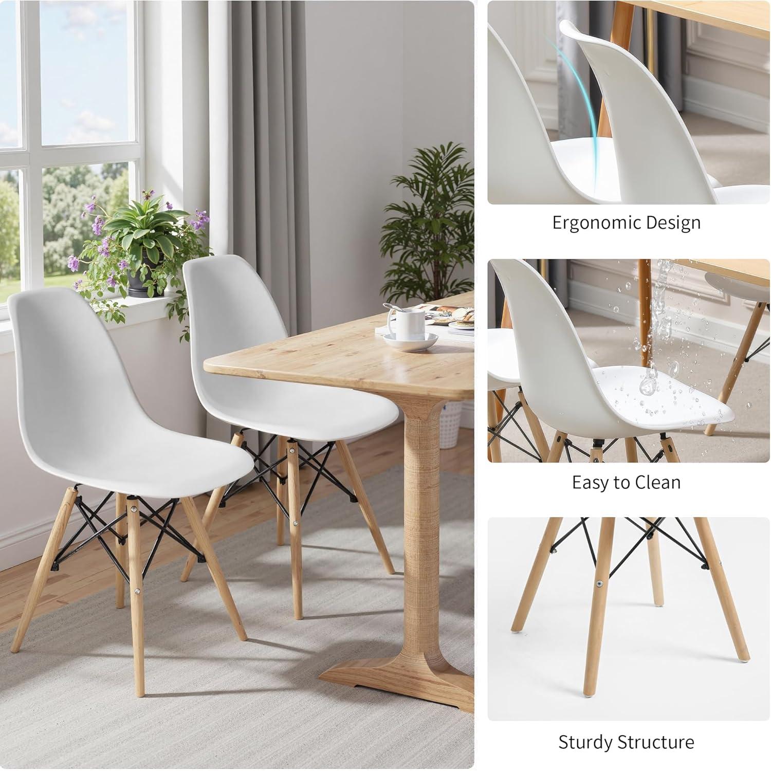 CangLong Modern Style Dining Chairs, Mid Century Plastic Dining Chair with Wood Legs, for Kitchen, Dining, Bedroom, Living Room, Set of 4, White