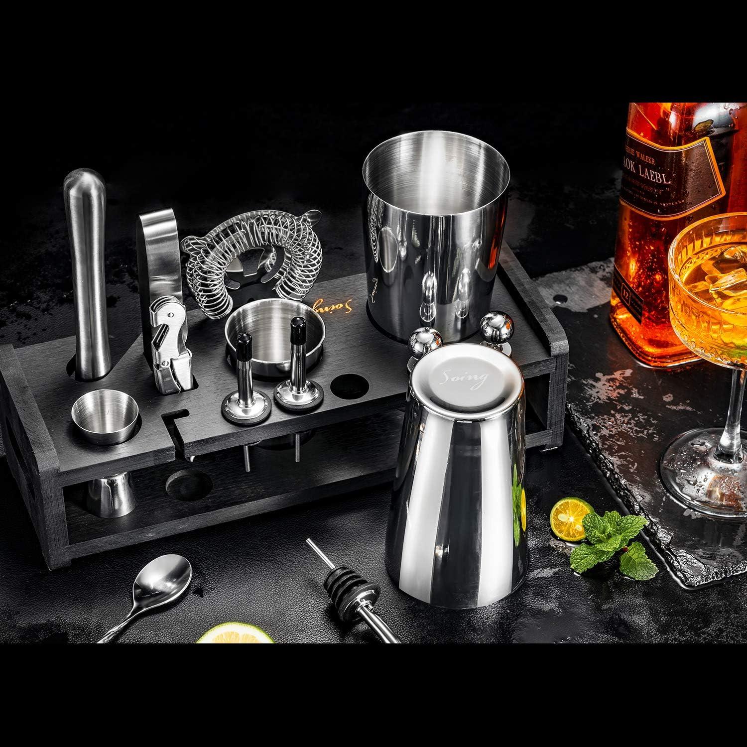 Soing 24-Piece Cocktail Shaker Set,Perfect Home Bartender Kit for Drink Mixing,Stainless Steel Bar Tools With Stand,Velvet Carry Bag & Recipes Cards Included (Black)