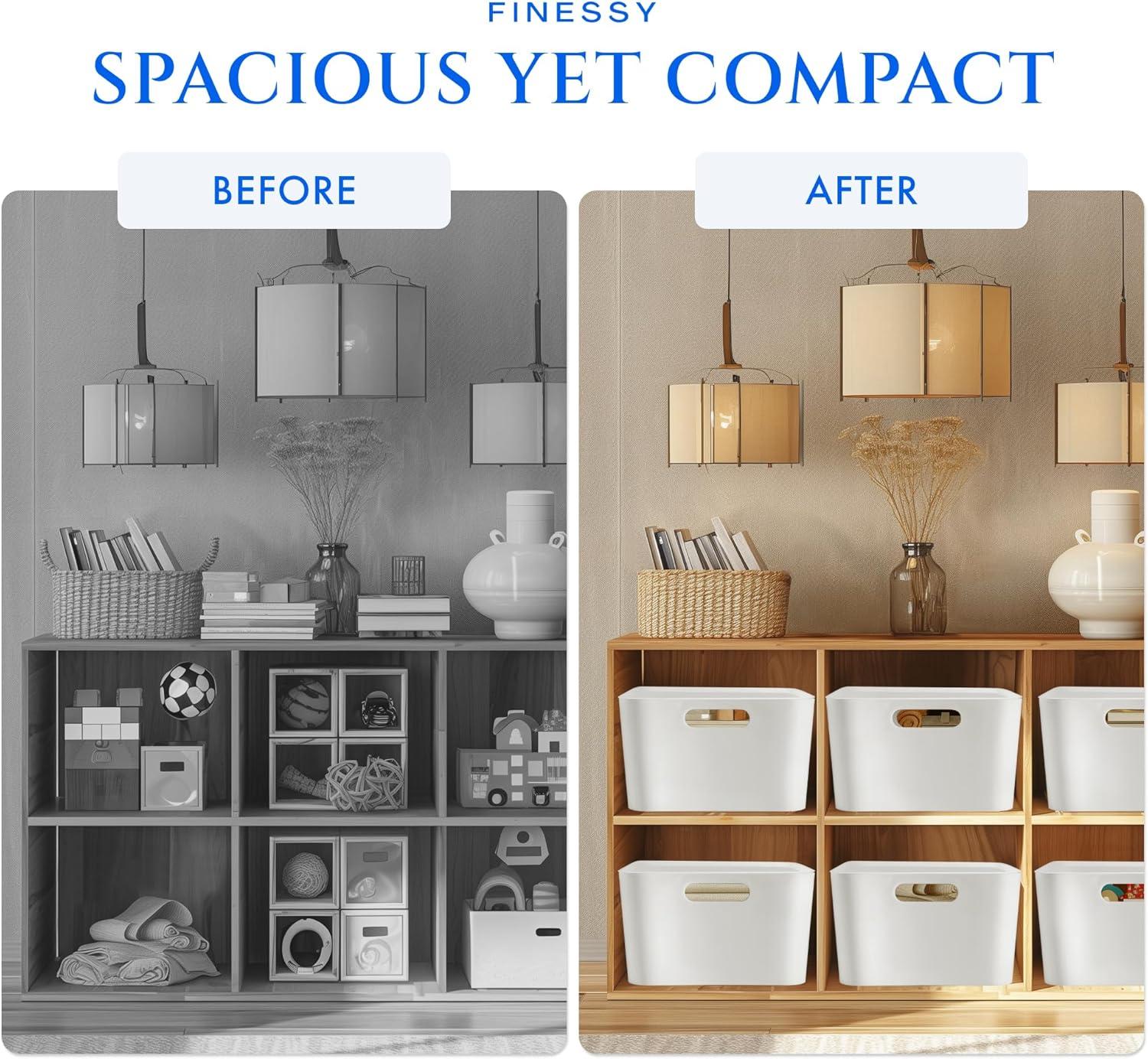 FINESSY White Plastic Storage Bins for Shelves, Small Closet Kitchen Storage Containers for Pantry Bathroom Office Organization Baskets, Cabinet Organizing Containers, White Organizer Bins for Shelves