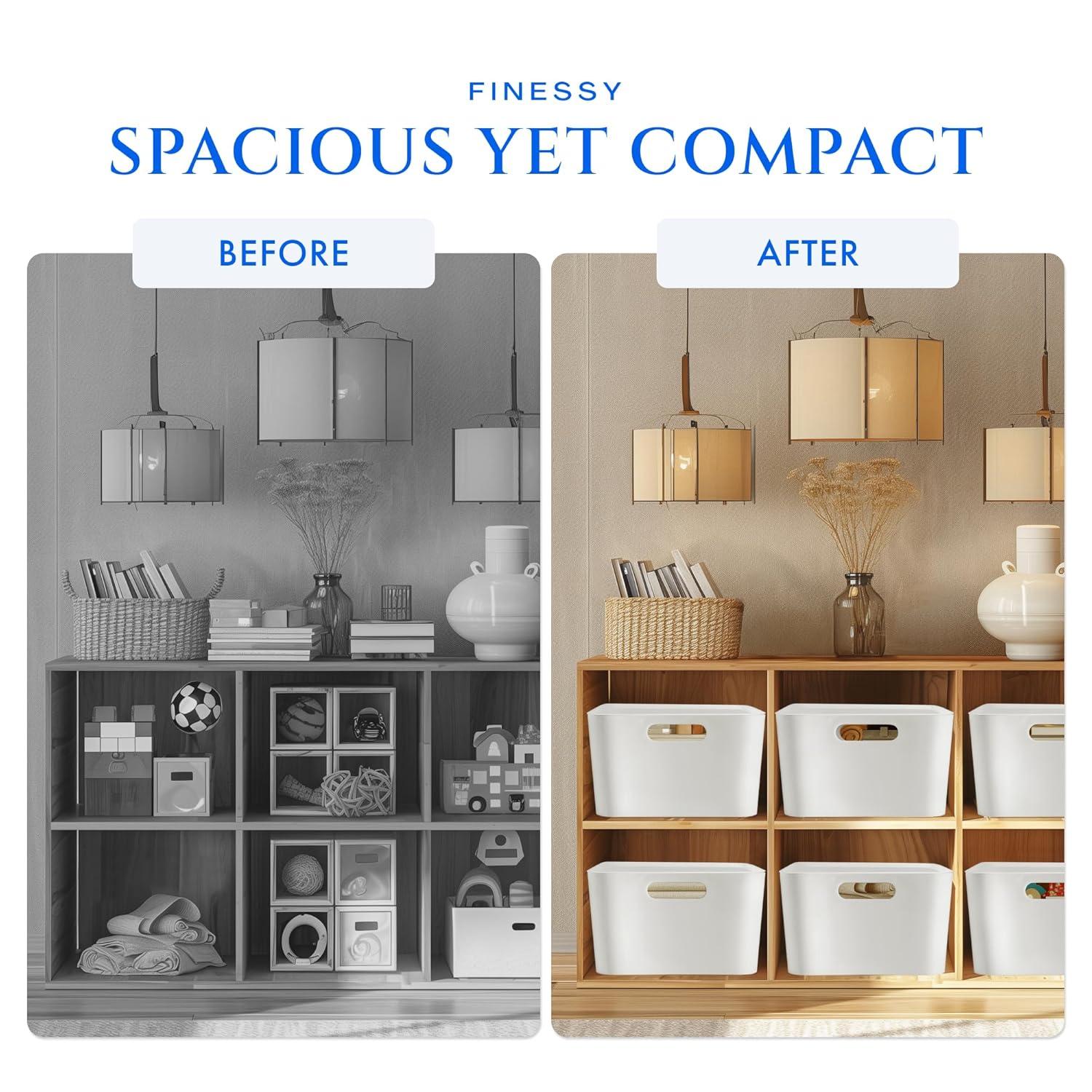 FINESSY White Plastic Storage Bins for Shelves, Small Closet Kitchen Storage Containers for Pantry Bathroom Office Organization Baskets, Cabinet Organizing Containers, White Organizer Bins for Shelves