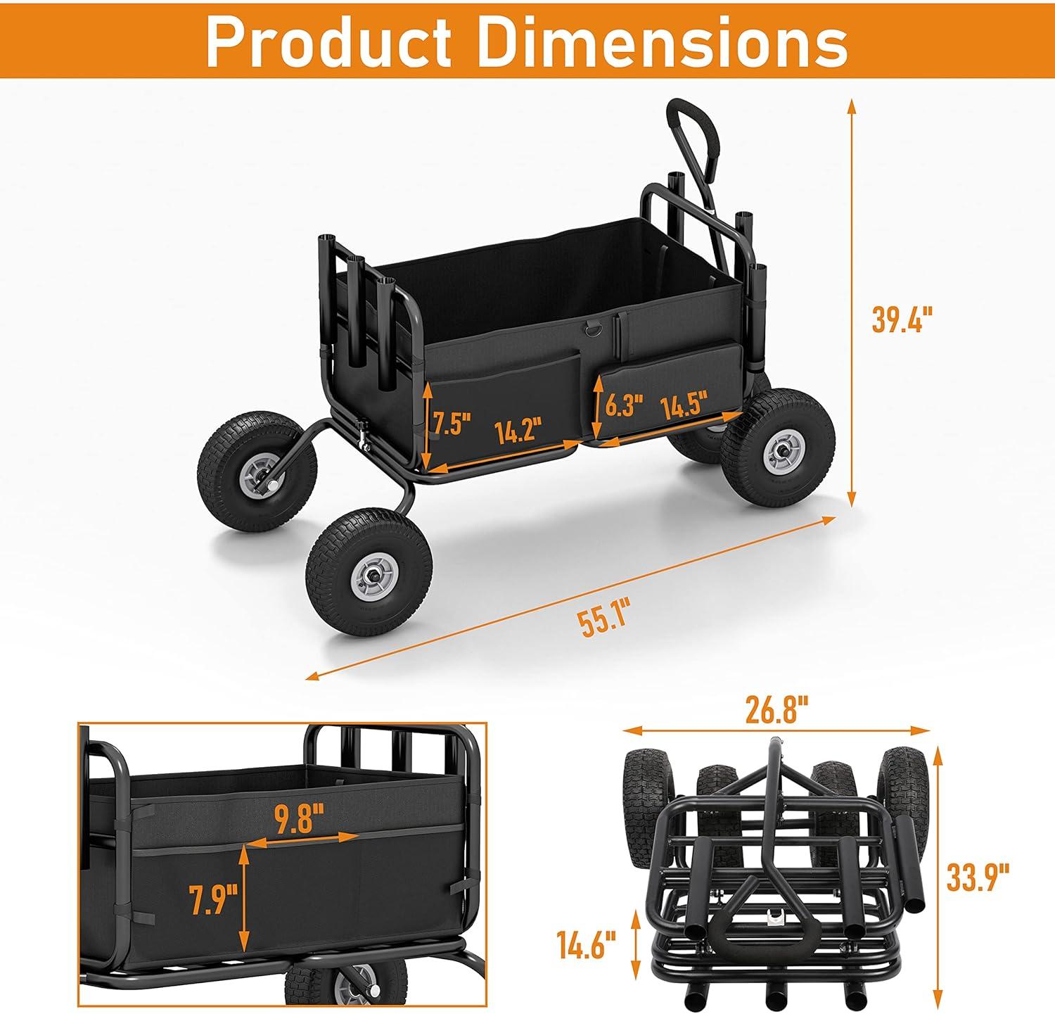 Heavy-Duty Foldable Fishing Cart with Pneumatic Wheels and Rod Holders