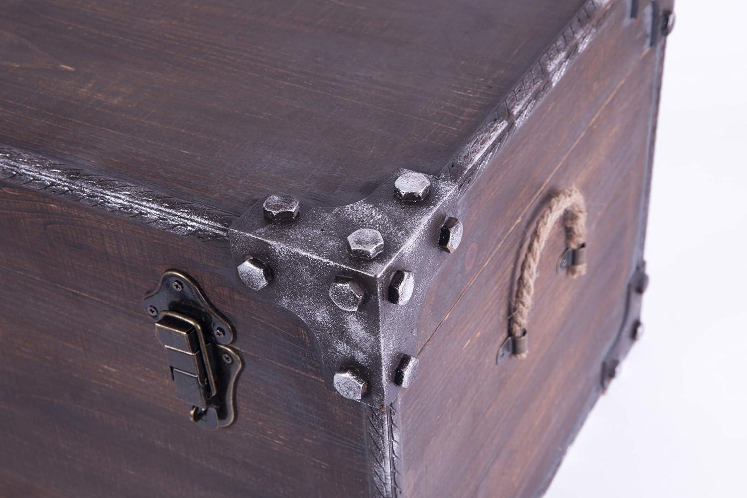 Distressed Dark Brown Wooden Storage Trunk with Metal Accents