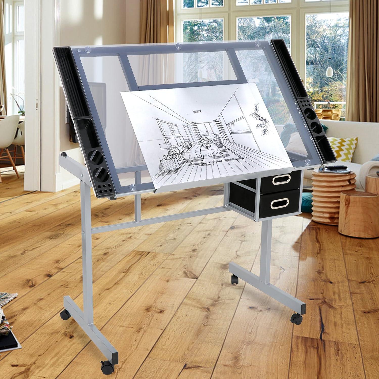 LEMY Drafting Table Adjustable Tilting Tabletop, Artist Drawing Desk with Slide Storage Drawers and Wheels, Art Craft Station for Home Office