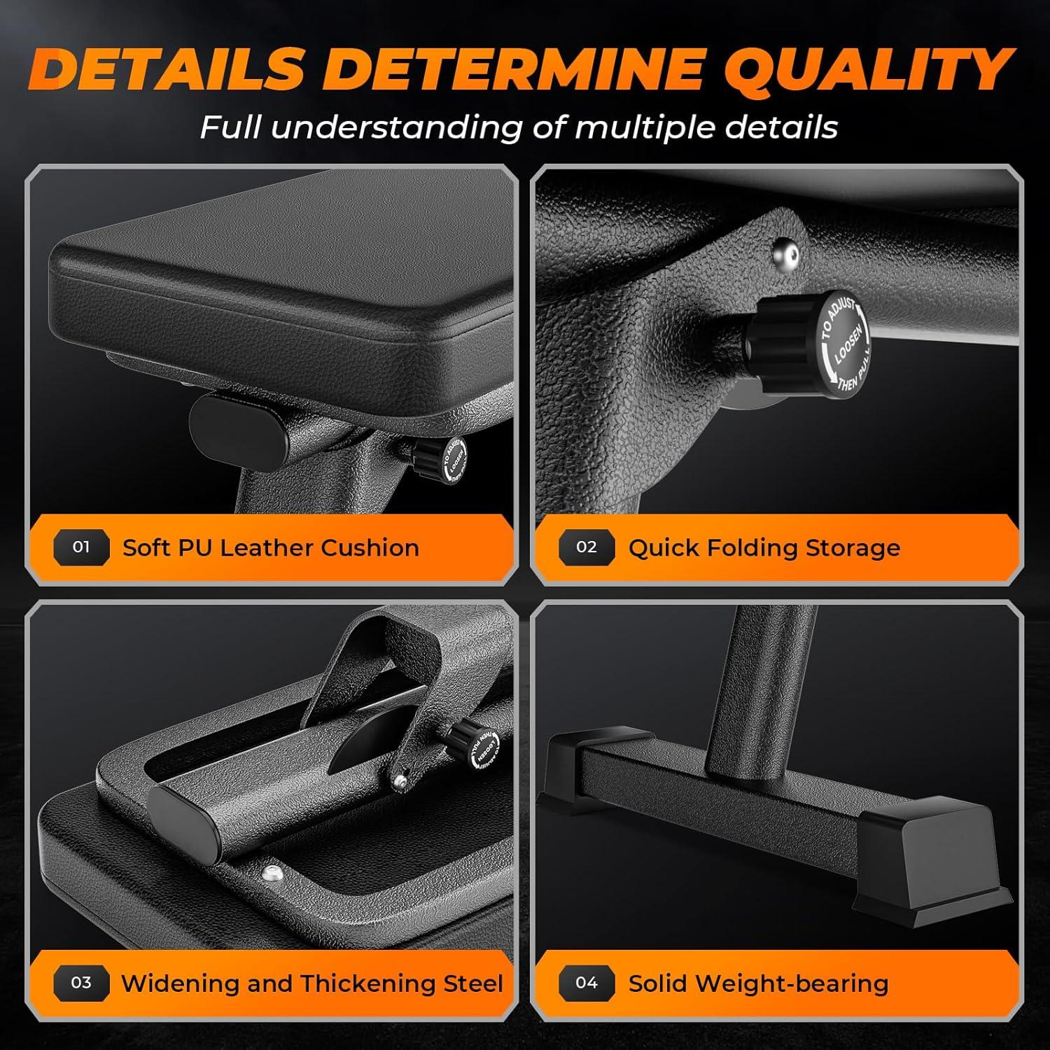 Finer Form Gym Quality Foldable Flat Bench for Multi-Purpose Weight Training and Ab Exercises (Black)