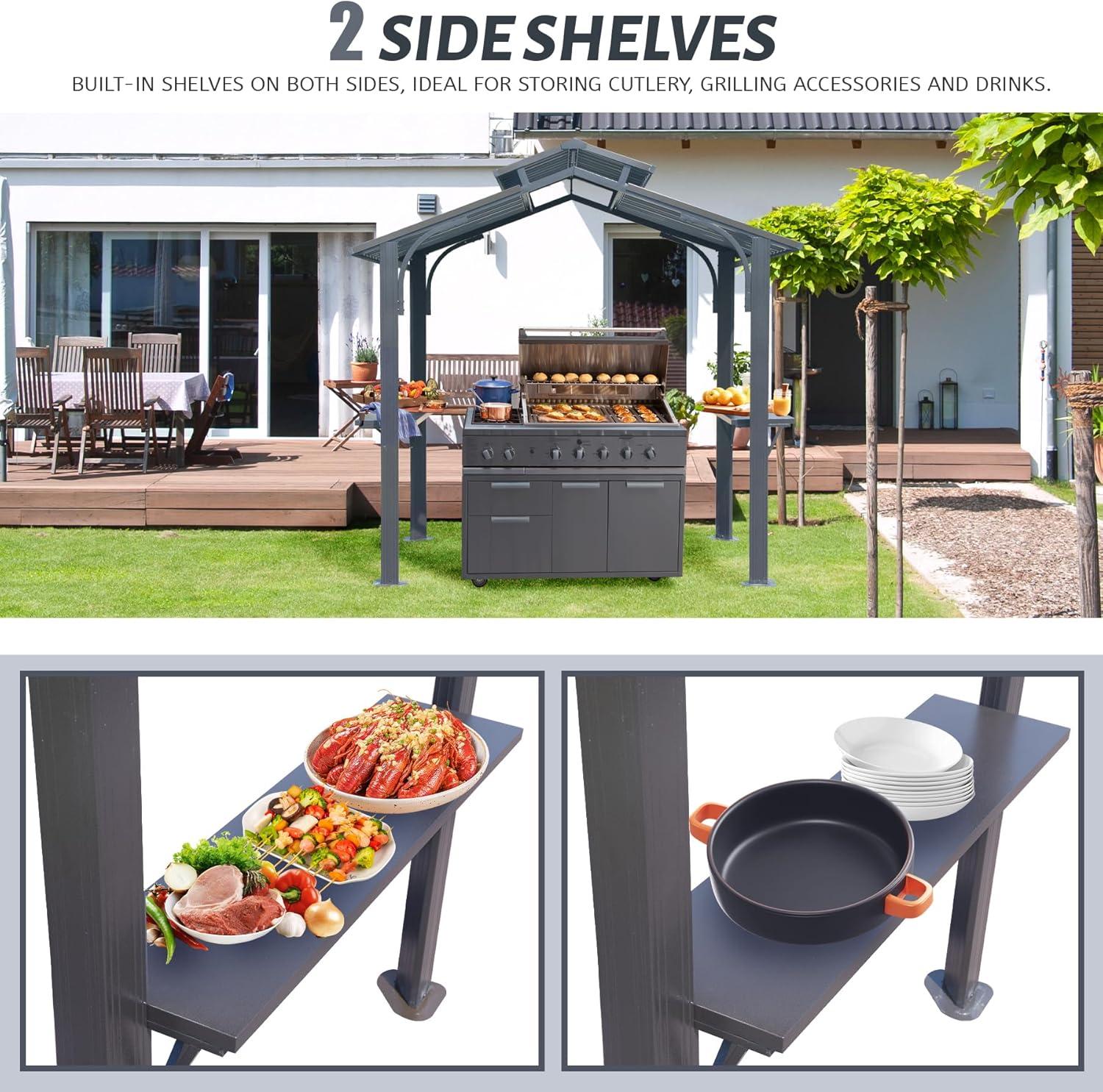 Domi 8x5FT Gray Steel Hardtop Grill Gazebo with Shelves