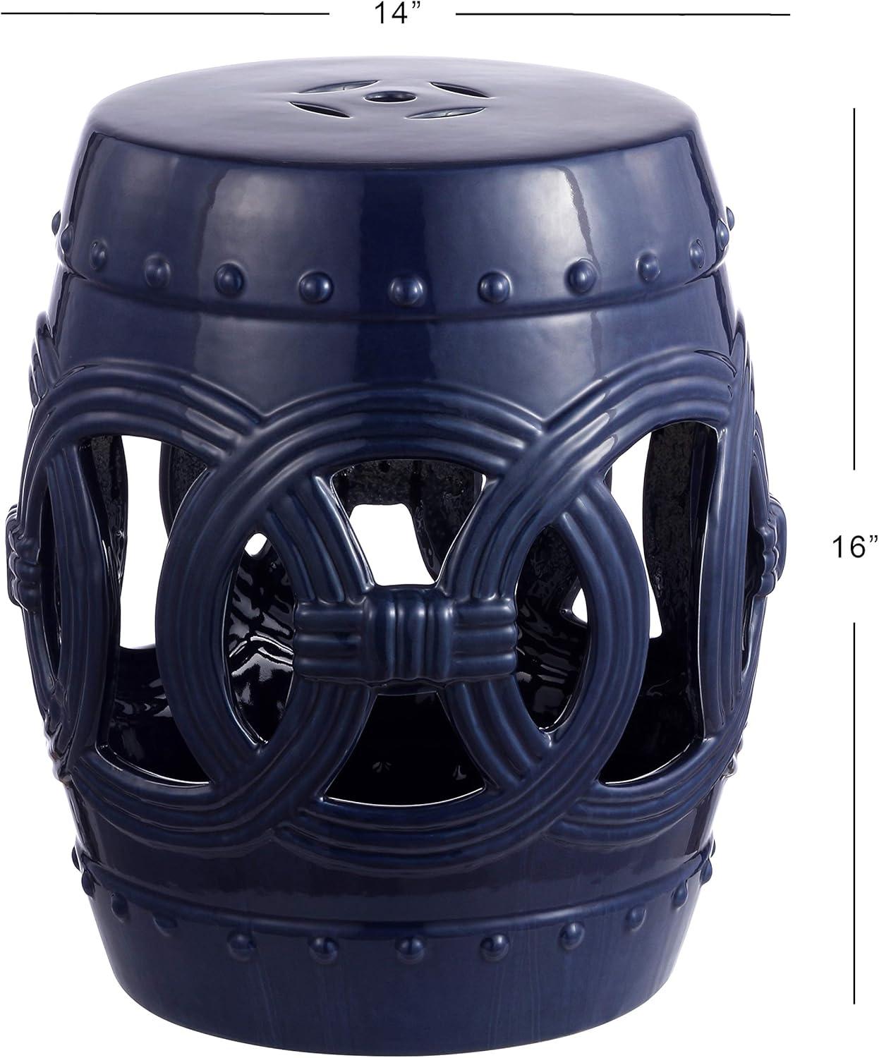 Lucky Coins 16" Eastern-Inspired Ceramic Drum Garden Stool, Navy - JONATHAN Y