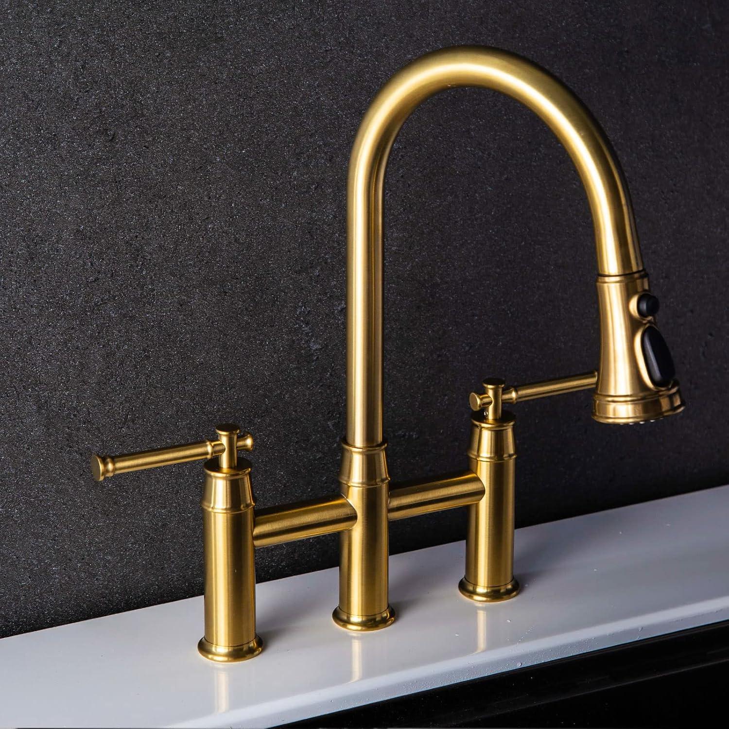 Brushed Gold Brass Bridge Kitchen Faucet with Pull-Out Spray