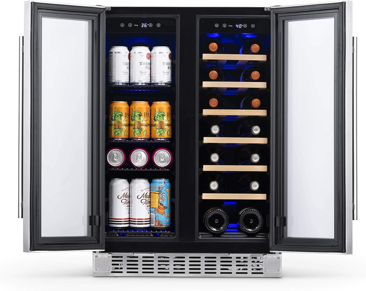 Newair 24" Premium Built-in Dual Zone 18 Bottle and 58 Can French Door Wine and Beverage Fridge