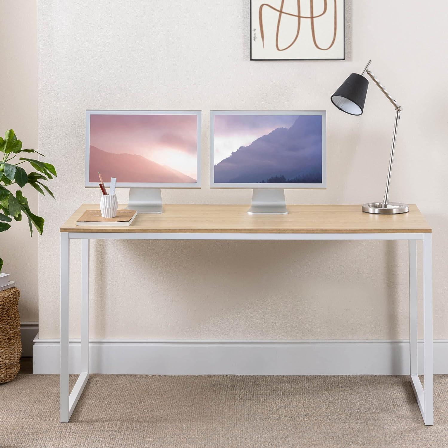 Natural Wood and White Steel Frame 55" Rectangular Desk