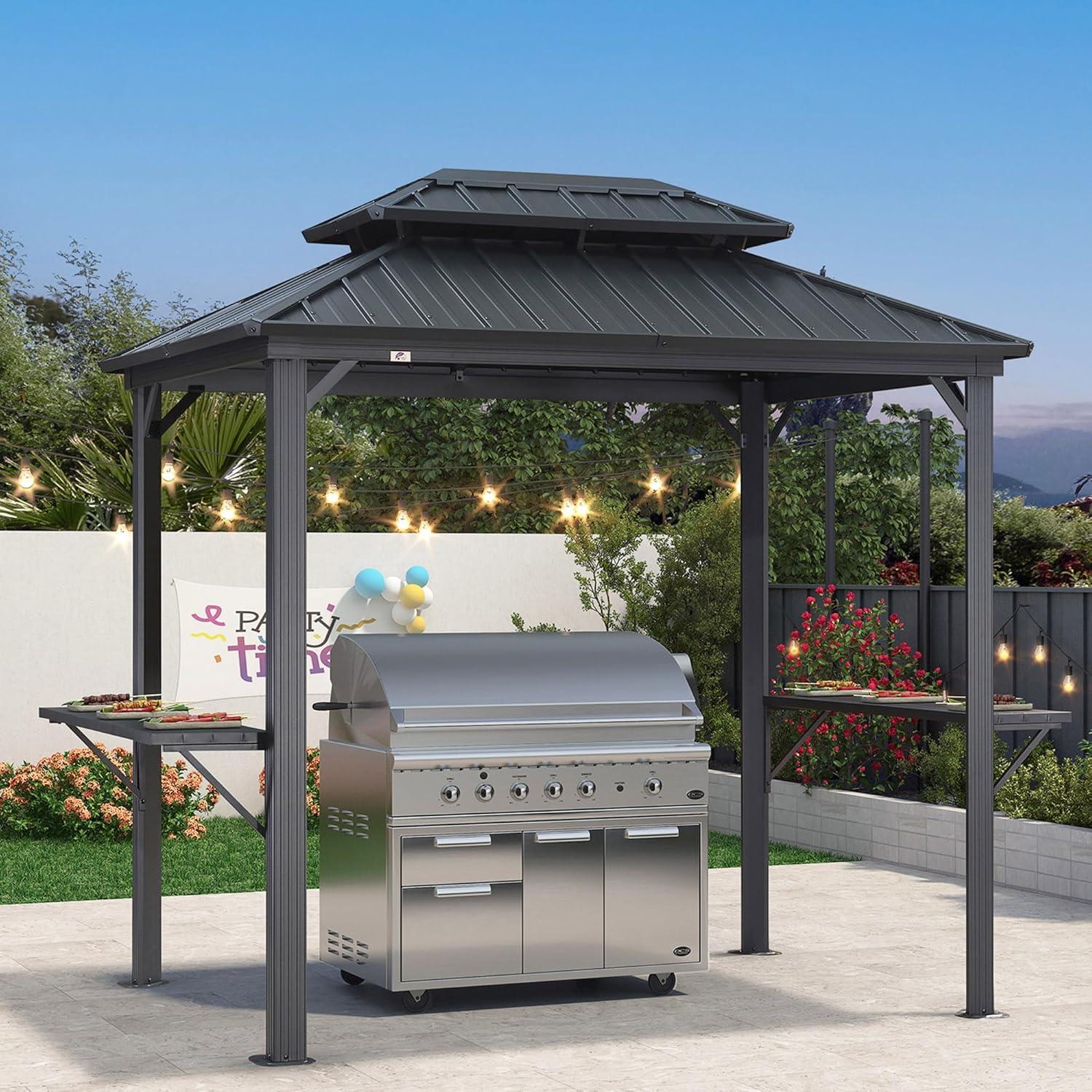 Gray 6' x 8' Hardtop Grill Gazebo with Double Steel Roof