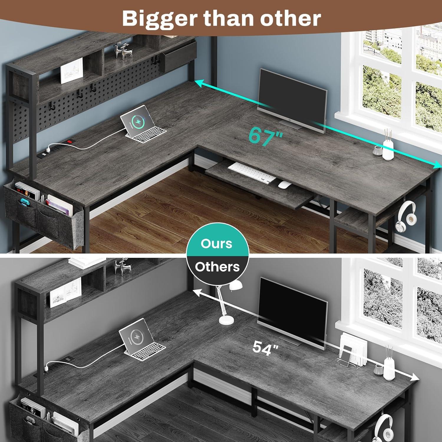 Gray L-Shaped Gaming Desk with Drawer, Power Outlet, and USB Port