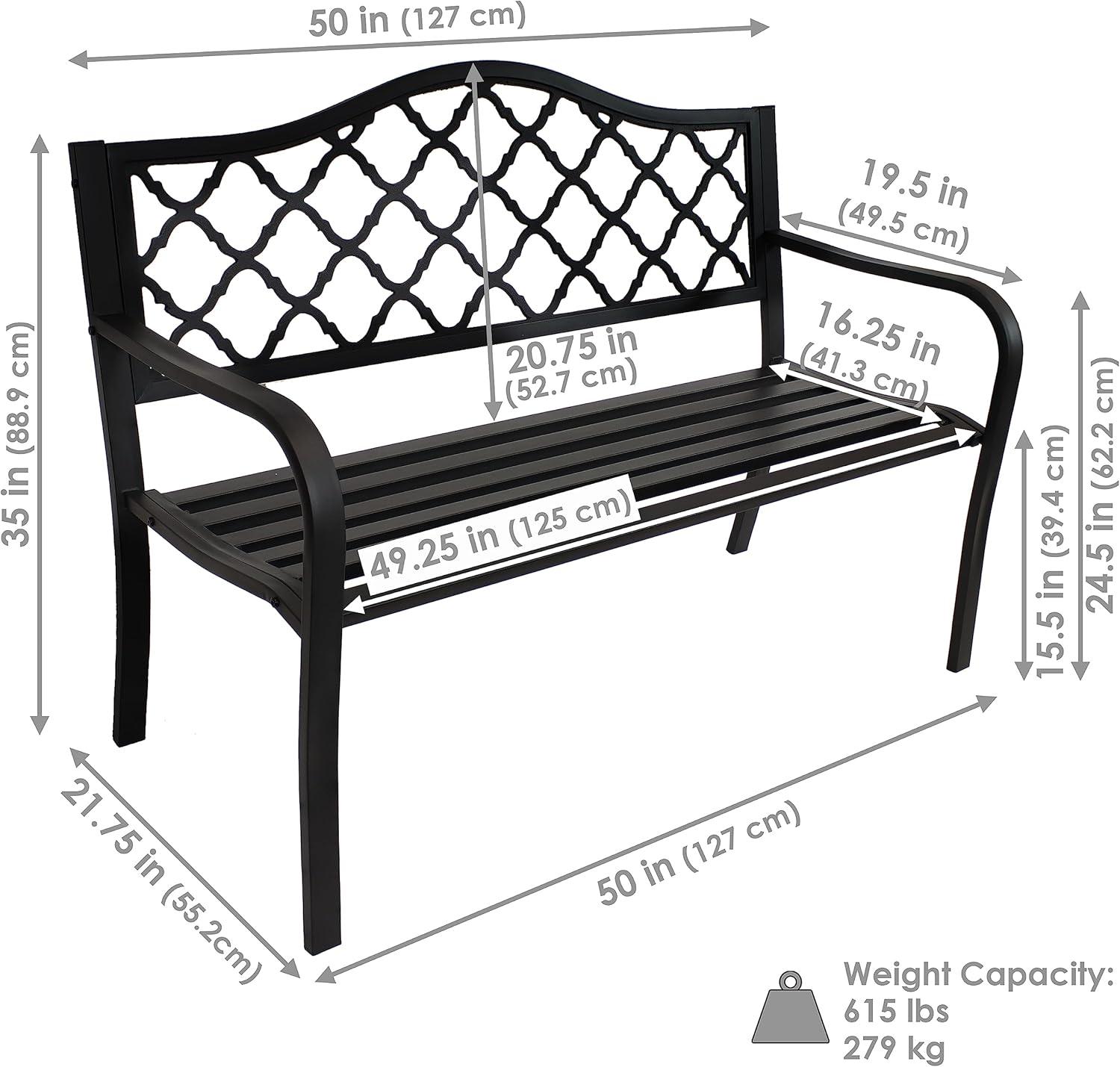 Sunnydaze 2-Person Lattice Design Black Cast Iron Outdoor Garden Bench