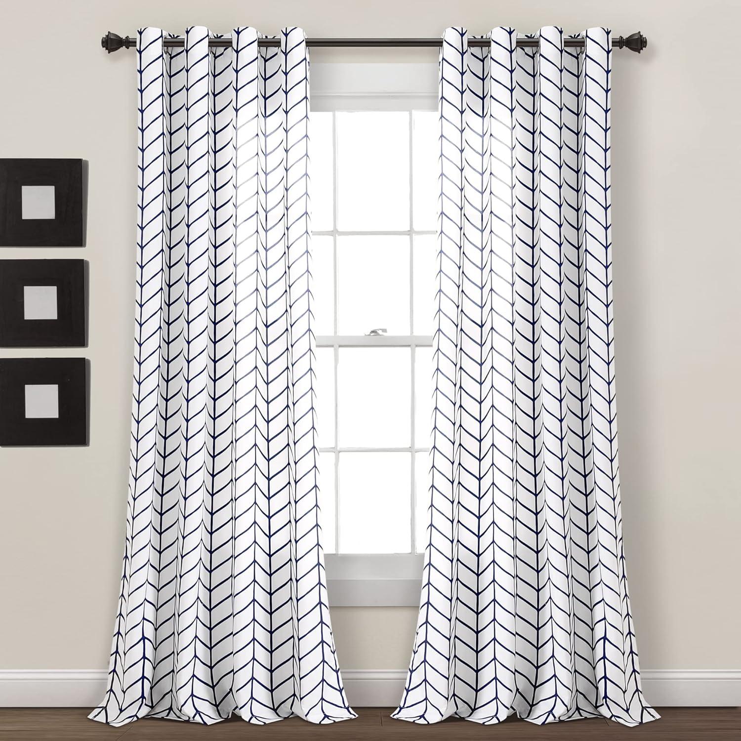 Navy and White Chevron Geo Window Curtain Panels Set