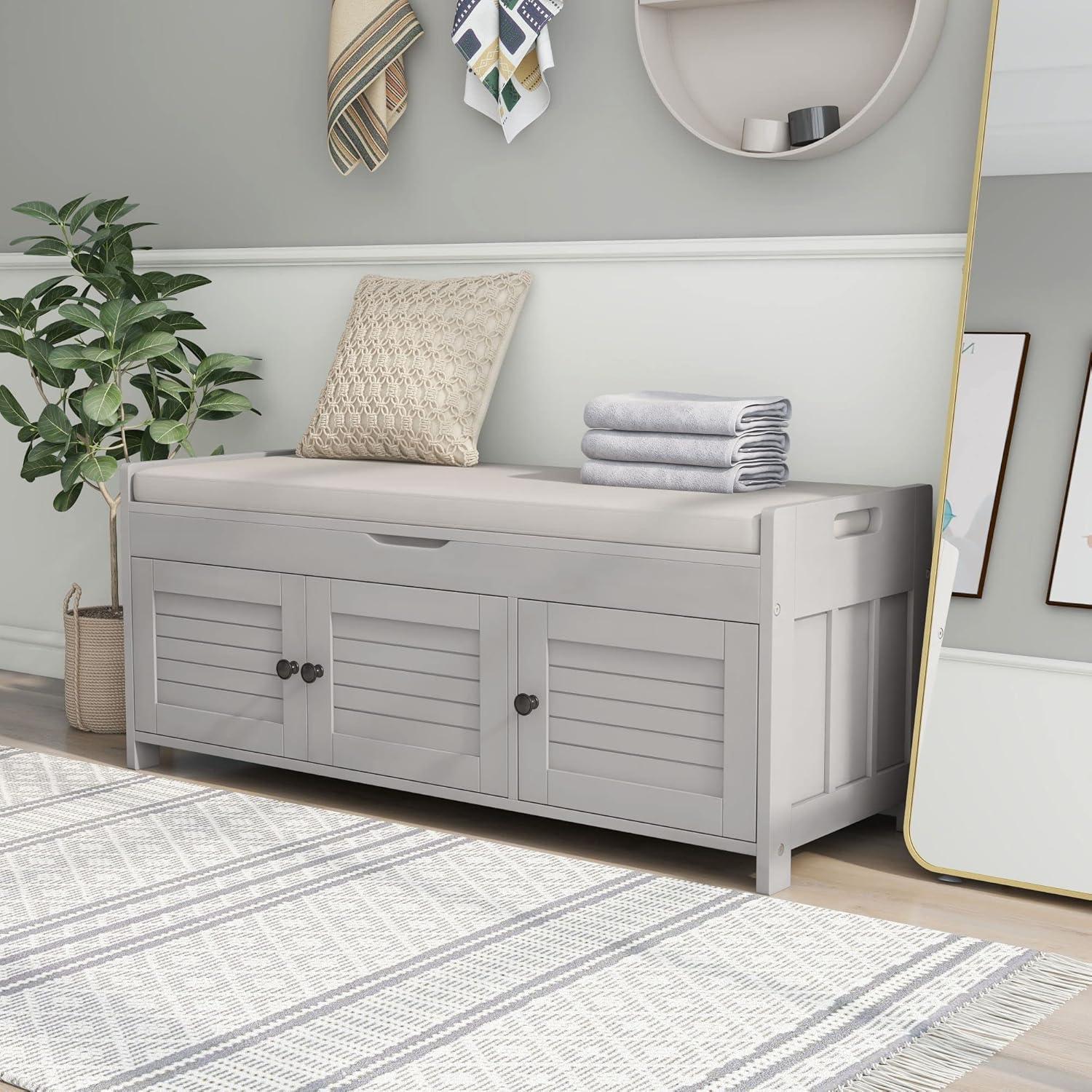 Gray Wash Pine Wood Storage Bench with Shutter Doors and Cushion