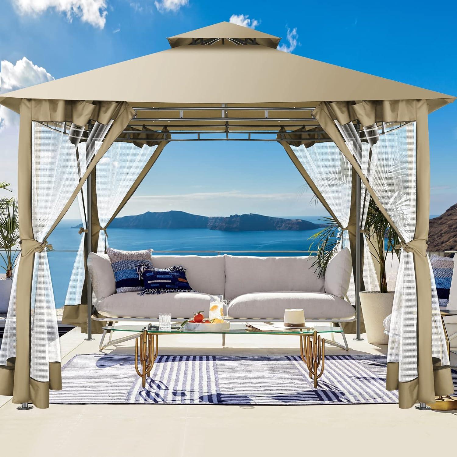 HOTEEL 10x20 Gazebo on Clearance, Outdoor Gazebo Tent with Mosquito Netting and Ventilated Double Flat Roof, Easy Set up Canopy Tent with Stable Metal Frame for Patio, Khaki (Upgraded 2.0)