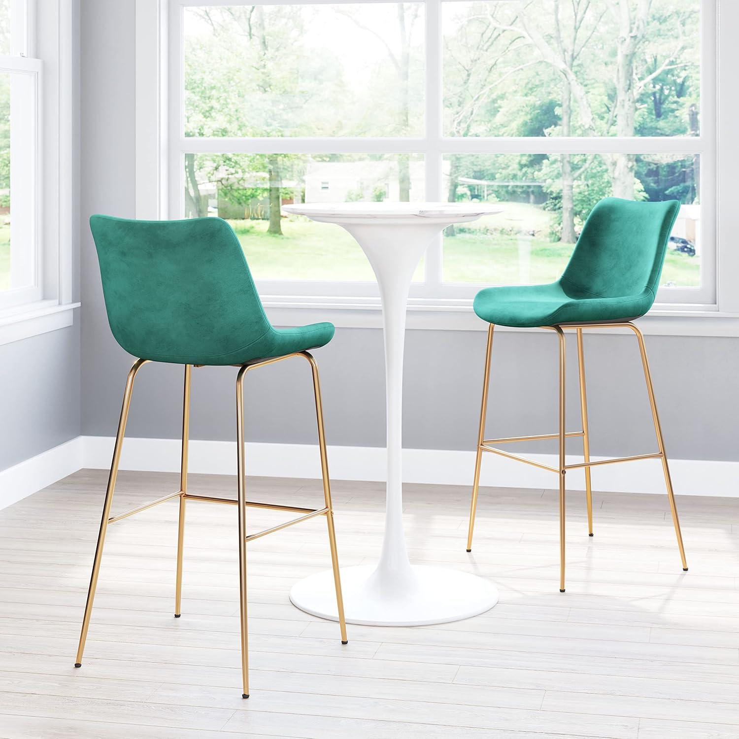 Modern Tony Green Velvet & Gold Steel Bar Stool