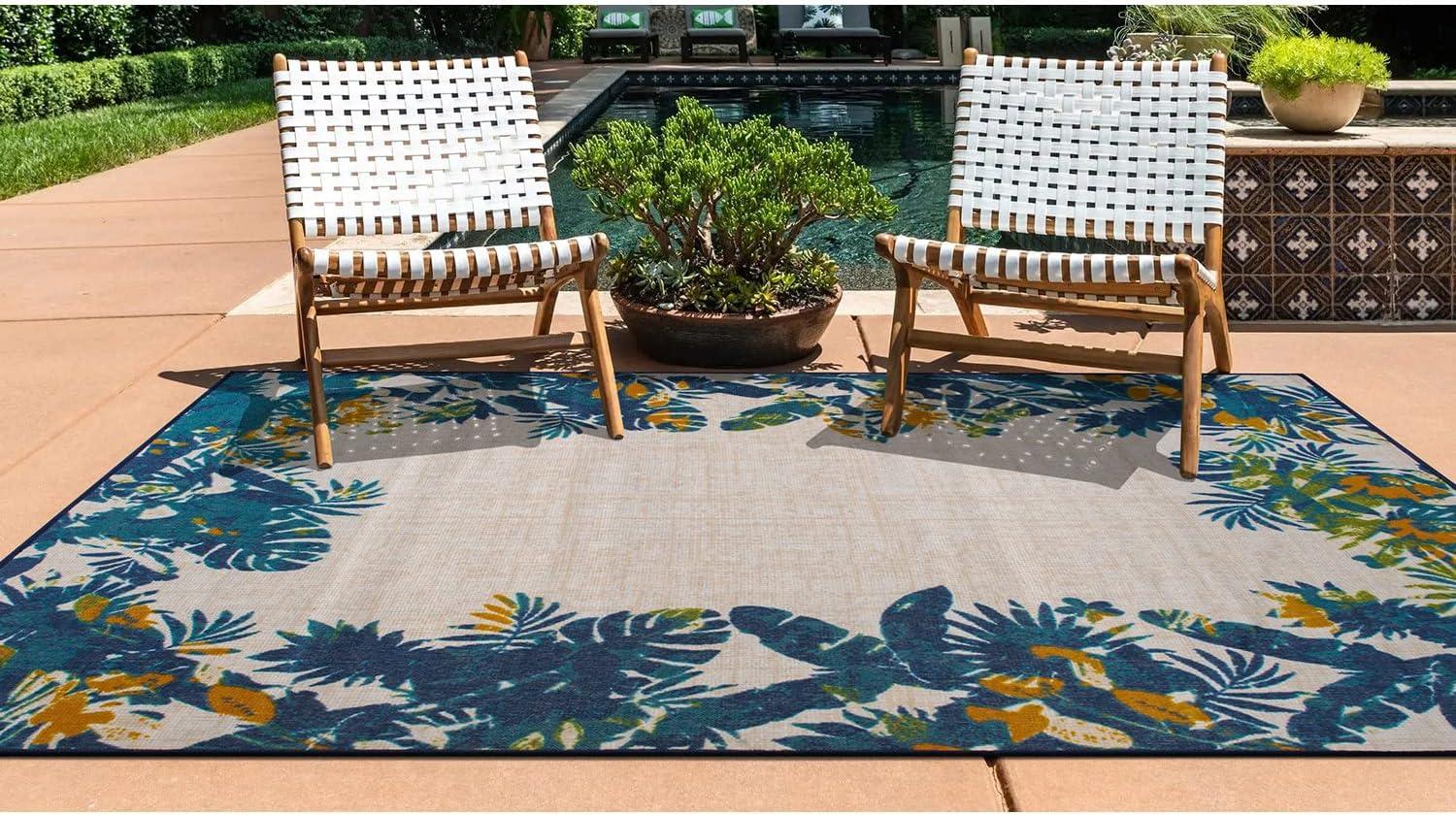 Multi Floral Border Synthetic Indoor/Outdoor Area Rug