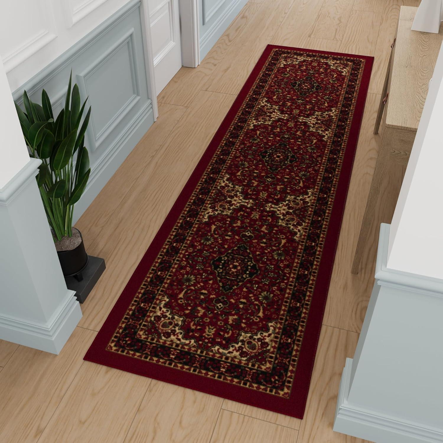 Ottohome Non-Slip Medallion Oriental Area Rug For Living Room, Hallway, Entryway Rug, Dark Red