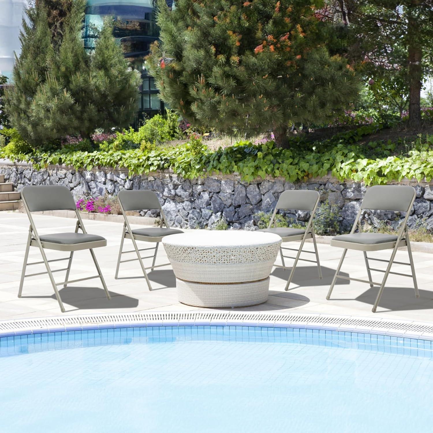 Folding Chairs with Padded Cushion and Back, 4pcs Potable Iron & PVC Durable Chairs for Indoor and Outdoor, School, Office and Garden Party, Gray