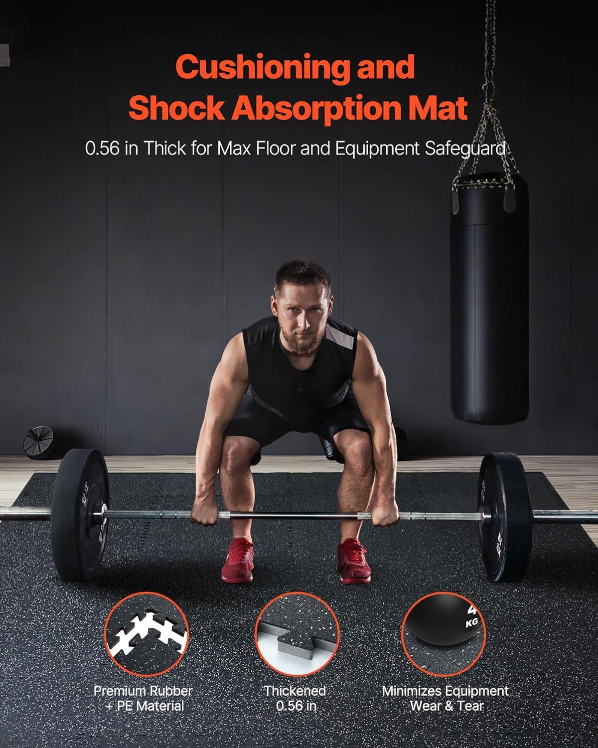 VEVOR 0.56Inch 24sq.ft 6 Tiles Gym Flooring for Home Gym, Rubber Top with High Density EVA Foam, 25 x 25In Gym Floor Exercise Equipment Mats, Interlocking Gym Mats, Puzzle Workout Mats, Black & Gray