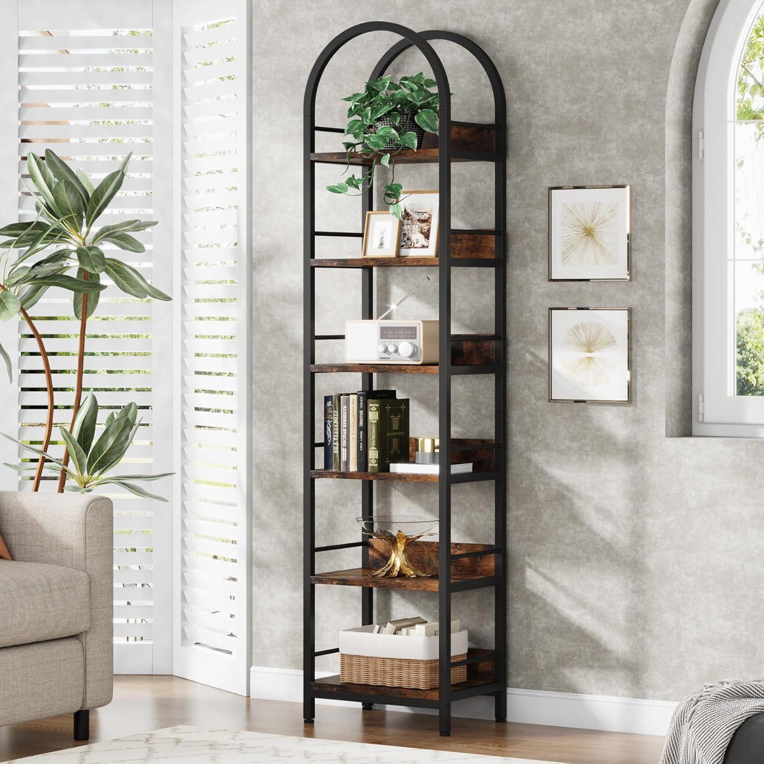 Tribesigns 6-Tier Open Bookshelf, 78.7" Tall Arched Bookcase Narrow Bookshelf, Rustic Brown