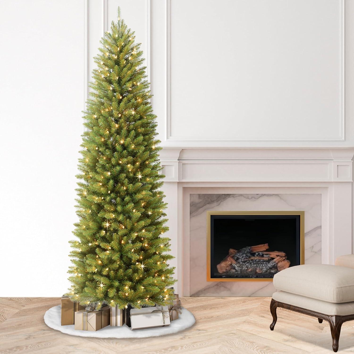 Puleo International 7.5' Pre-Lit Fraser Fir Pencil Tree Artificial Christmas Tree with 350 Clear UL Listed Lights