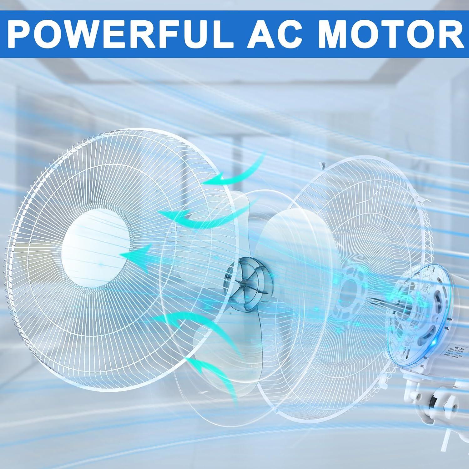 Aottop 16-Inch White Wall Mount Fan with Pull Chain and Knob Control, 2-Pack | 3 Speeds,Oscillating,Ideal for Bedroom, Living Room, and Office