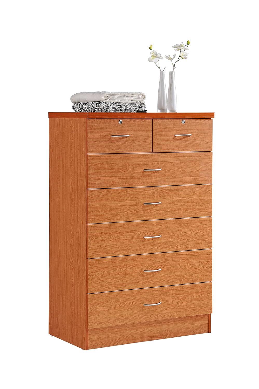 Hodedah 7 Drawer Wooden Jumbo Dresser Chest with 2 Top Locks, Cherry