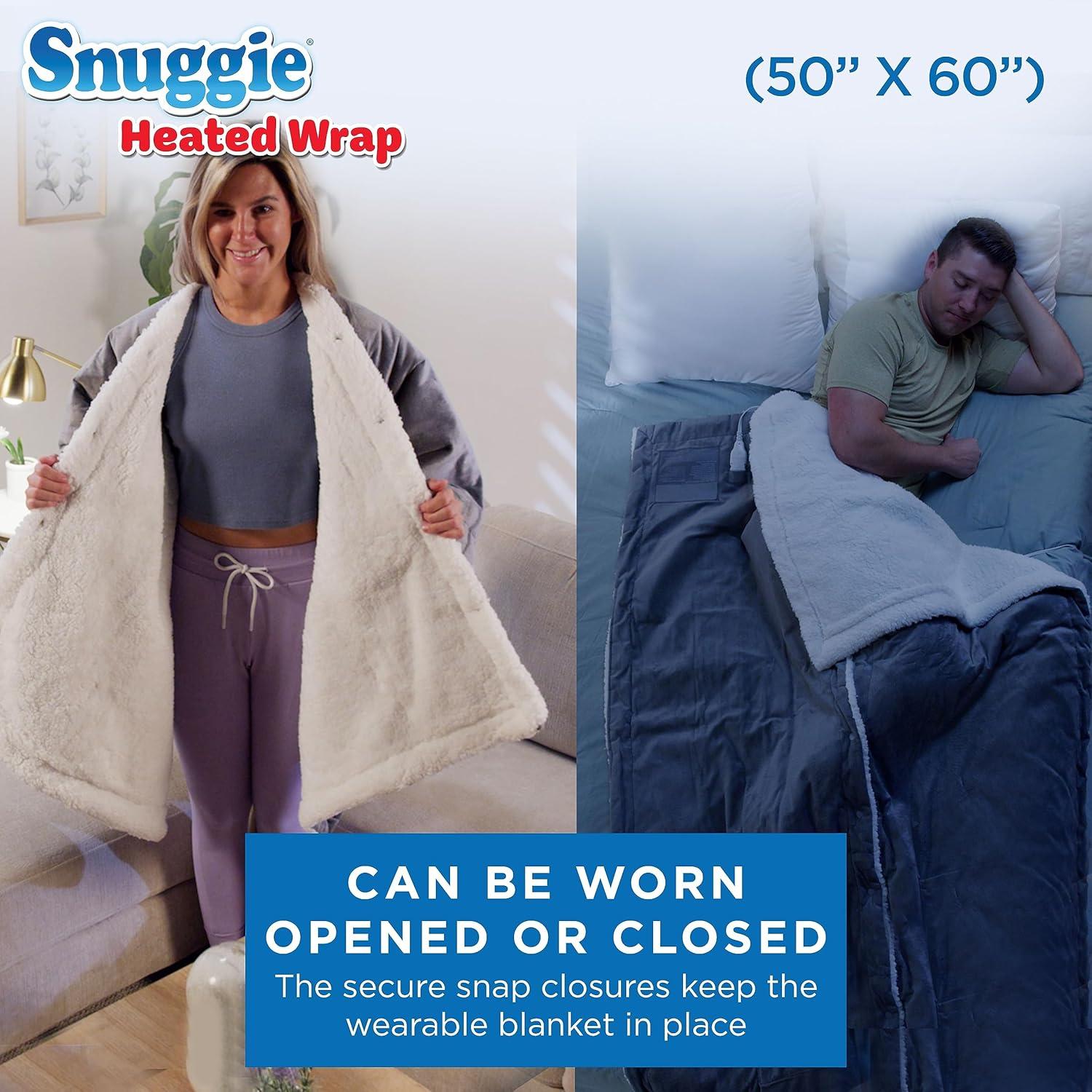 Snuggie Heated Wrap - Wearable Heated Electric Blanket with 4 Heat Settings, Auto Off, 50" x 60" Machine Washable, Warm, Cozy, Super Soft Sherpa, Functional Shawl for Adults- Grey