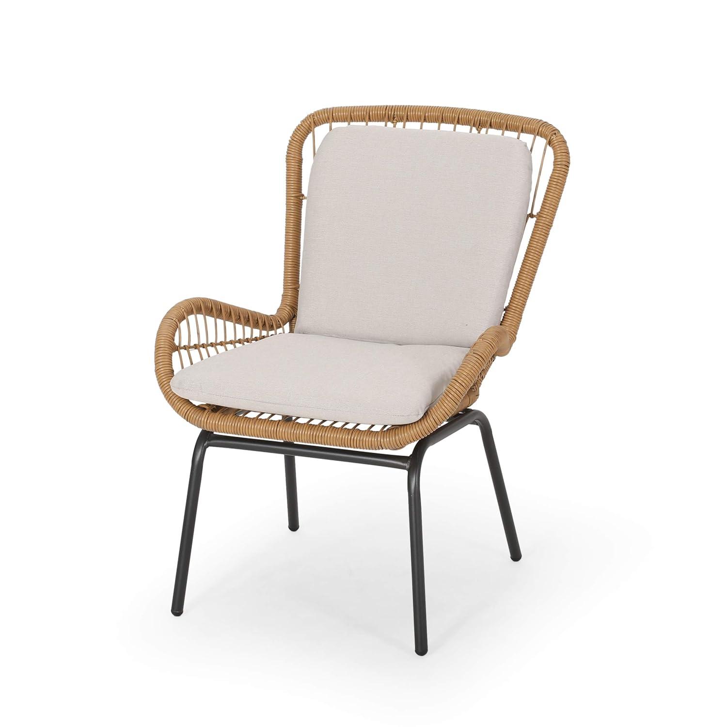 GDF Studio Malden Outdoor Wicker Club Chairs with Cushions, Set of 2, Iron, Beige, and Black