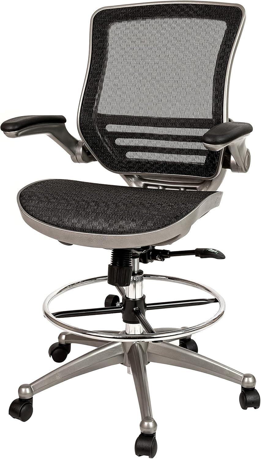 Flash Furniture Mid-Back Transparent Black Mesh Drafting Chair with Graphite Silver Frame and Flip-Up Arms